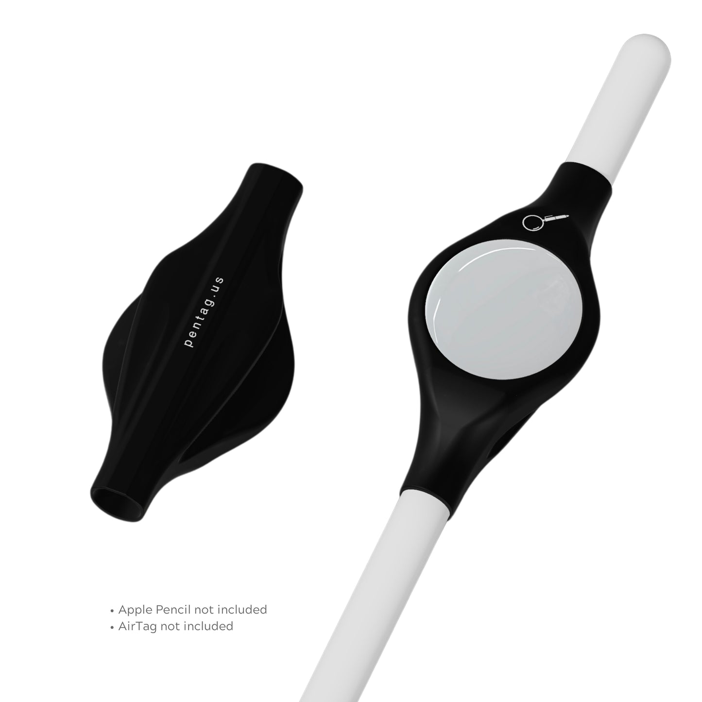 Black, isometric top and bottom, attached to Apple Pencil and AirTag