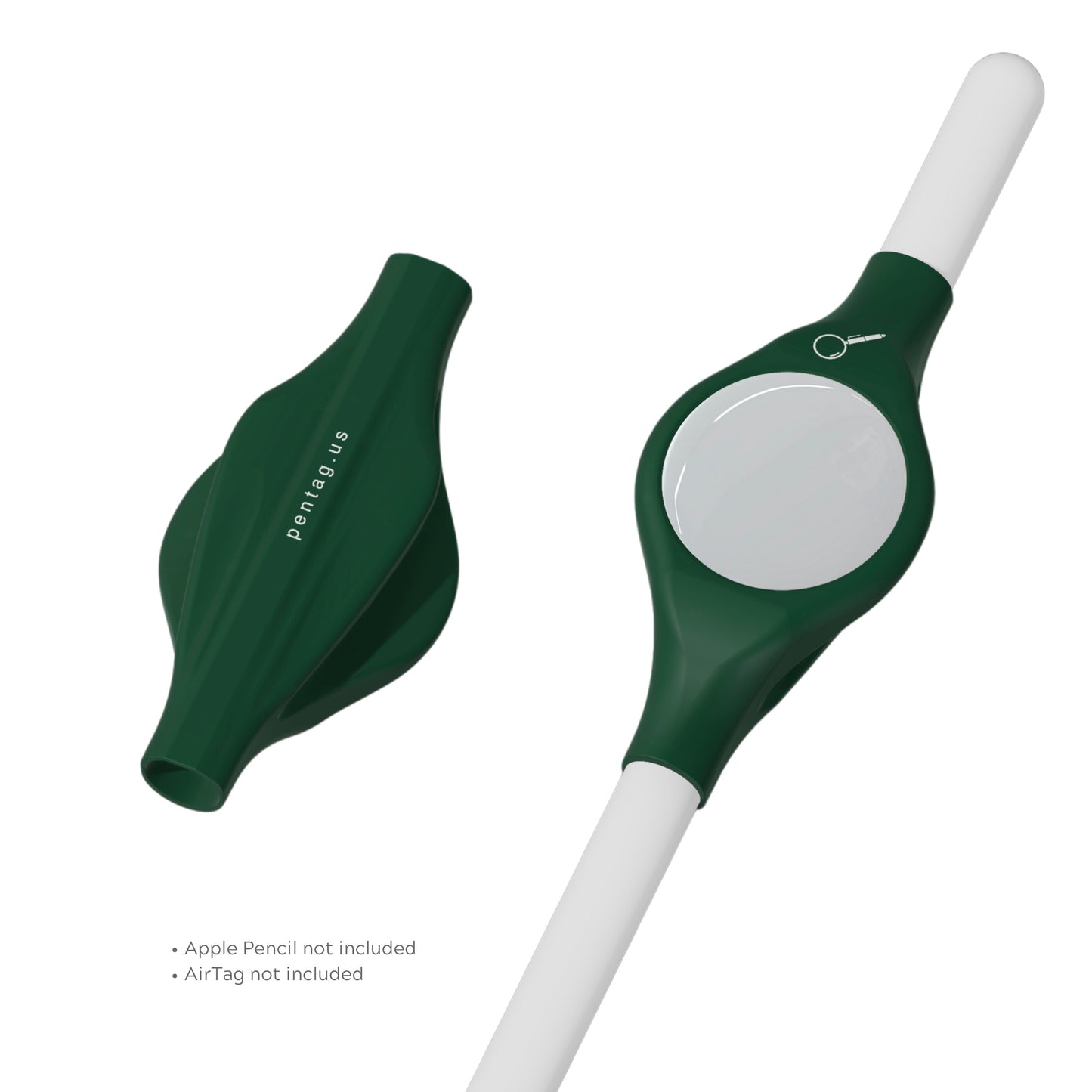 Green, isometric top and bottom, attached to Apple Pencil and AirTag