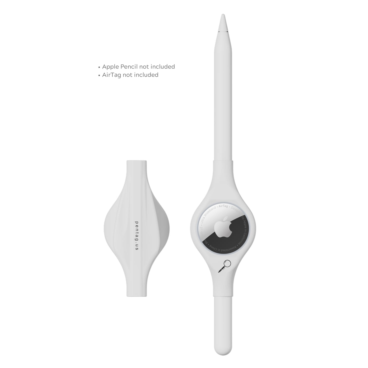 White, top and bottom, attached to Apple Pencil and AirTag
