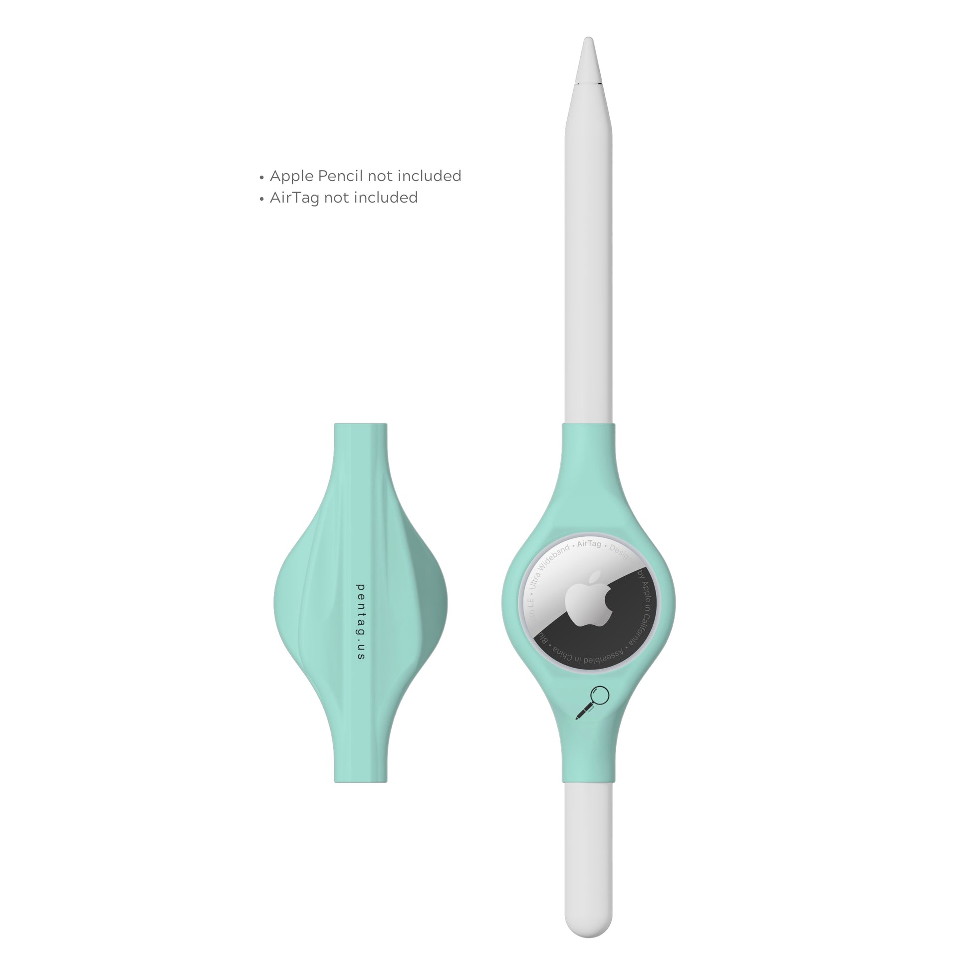 Turquoise, top and bottom, attached to Apple Pencil and AirTag