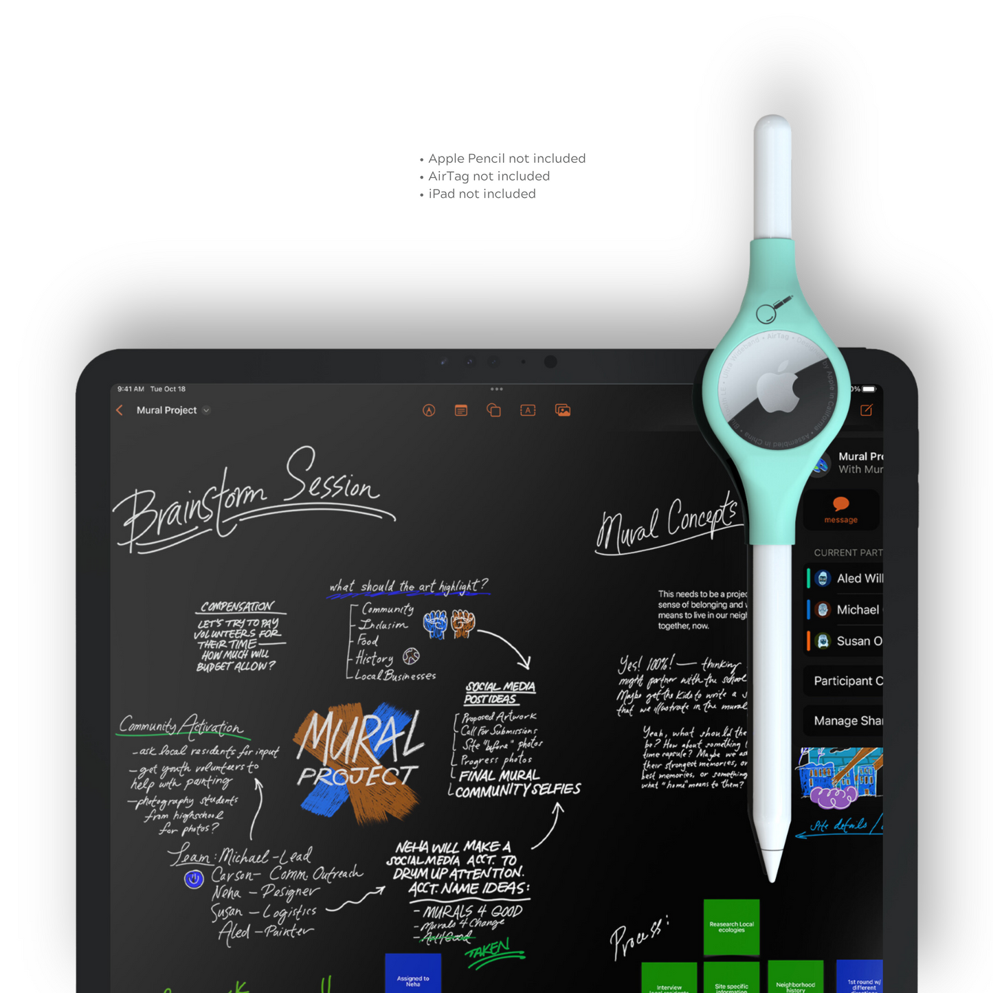 Pentag attached to Apple Pencil and AirTag on iPad
